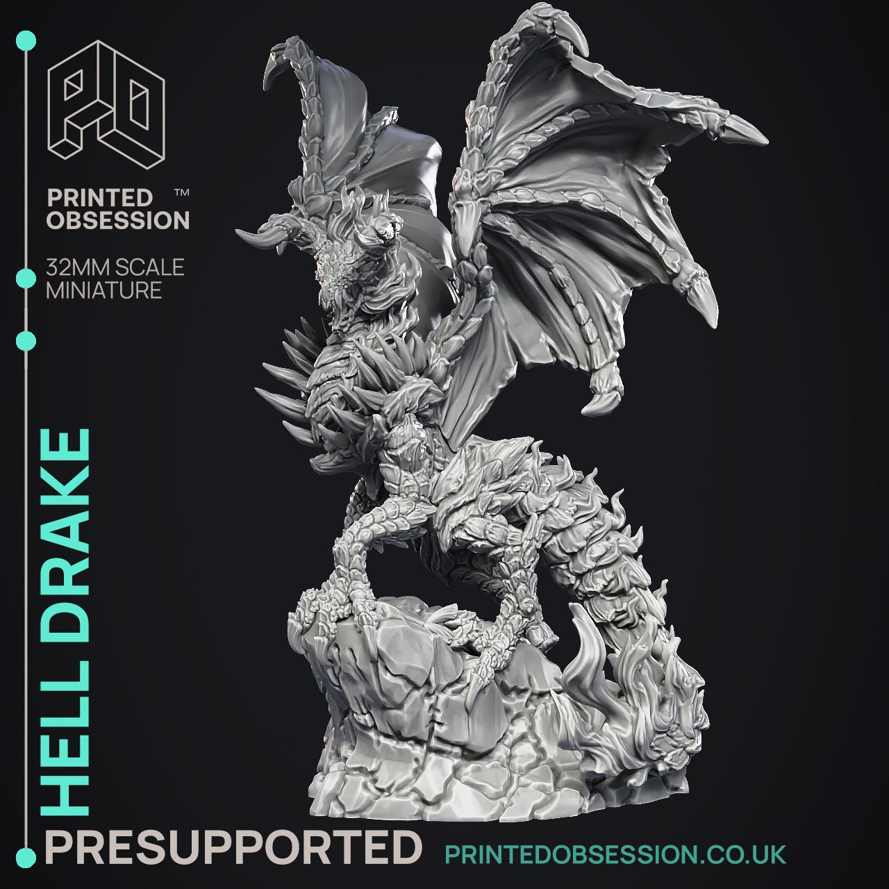 Three Dragons Hell Drake - The Printed Obsession - Table-top mini, 3D Printed Collectable for painting and playing!