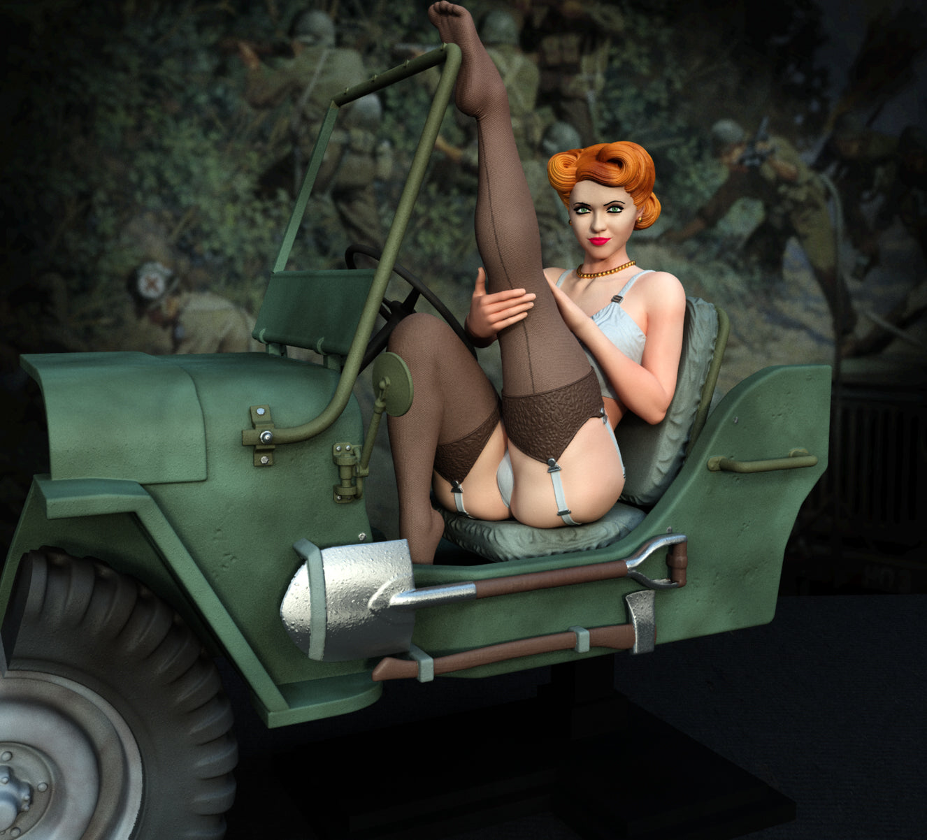 WWII Jeep Pin-up style Figurine Model Kit for collecting, building and painting for Adults