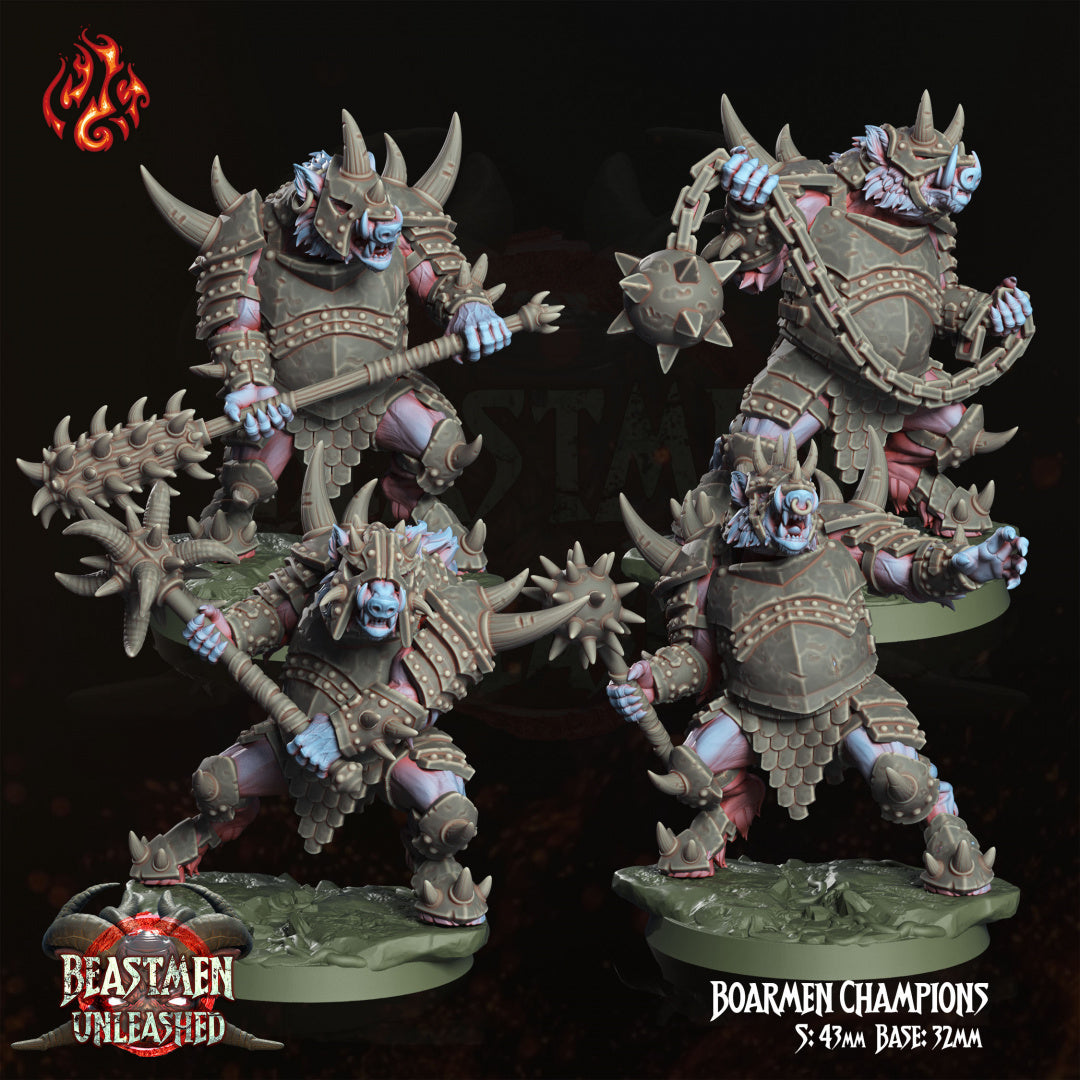 Boarmen Champions - Beastmen Unleashed - from Crippled God Foundry - Table-top gaming mini and collectable for painting.