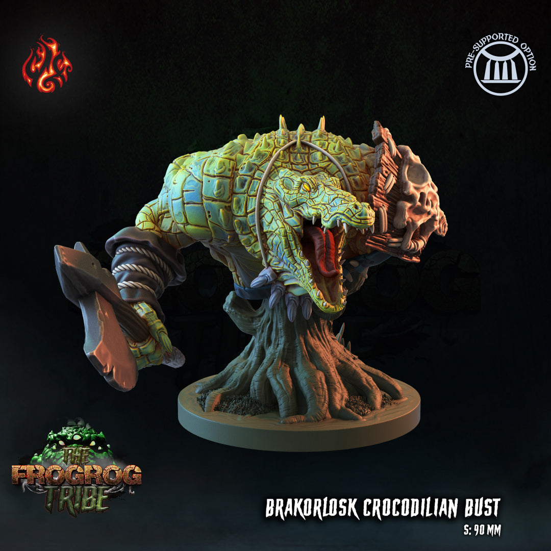 The Frogrog Tribe - Bust of Brakorlosk Corcodilian Warrior Series from Crippled God Foundry - Table-top gaming mini and collectable for painting.