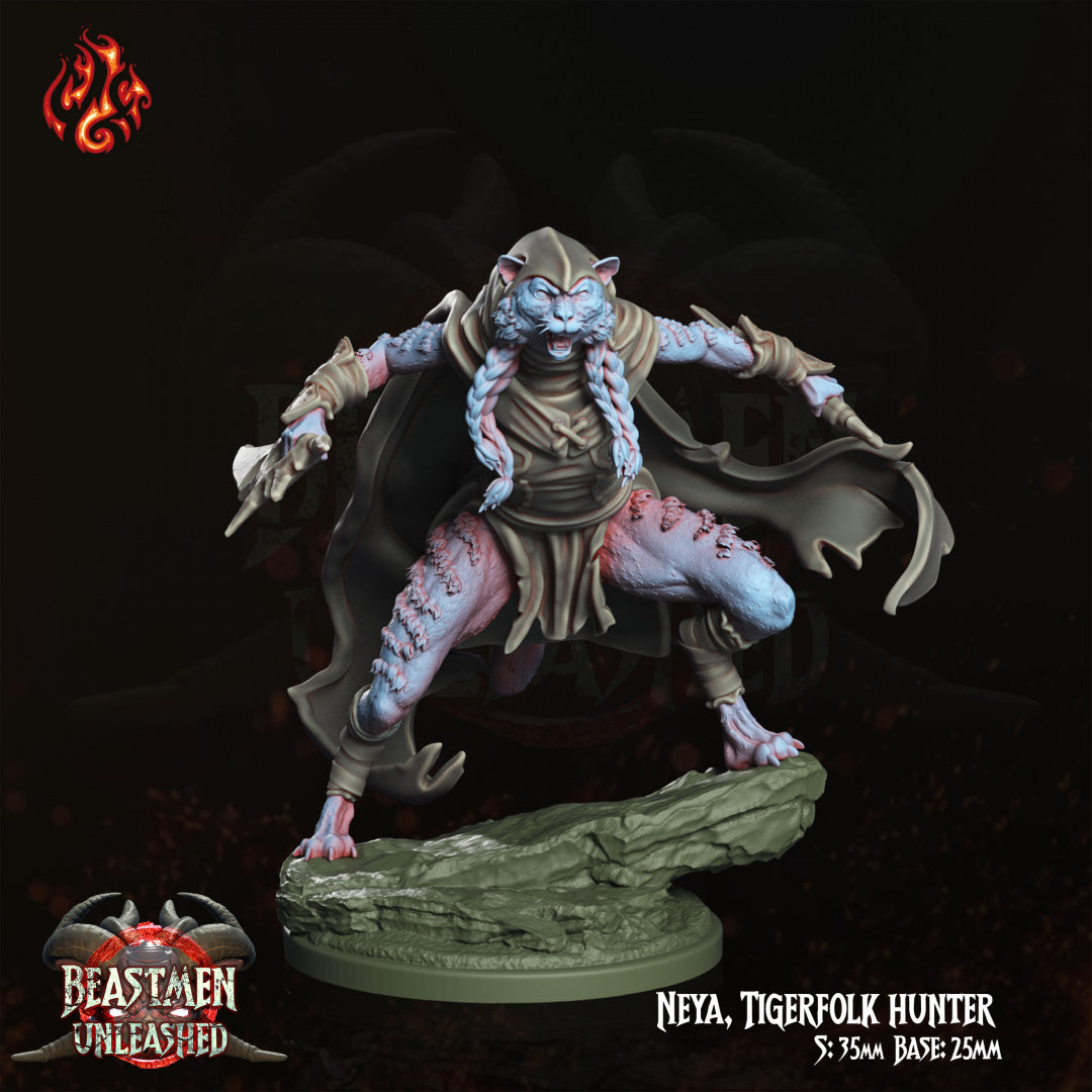 Neya Tigerfolk Hunter - Beastmen Unleashed - from Crippled God Foundry - Table-top gaming mini and collectable for painting.
