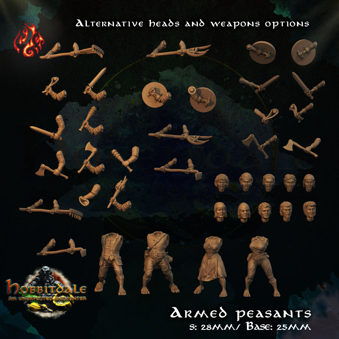 Hobbitdale - Armed Peasants set includes 3 figurines from Crippled God Foundry - Table-top gaming mini and collectable for painting.