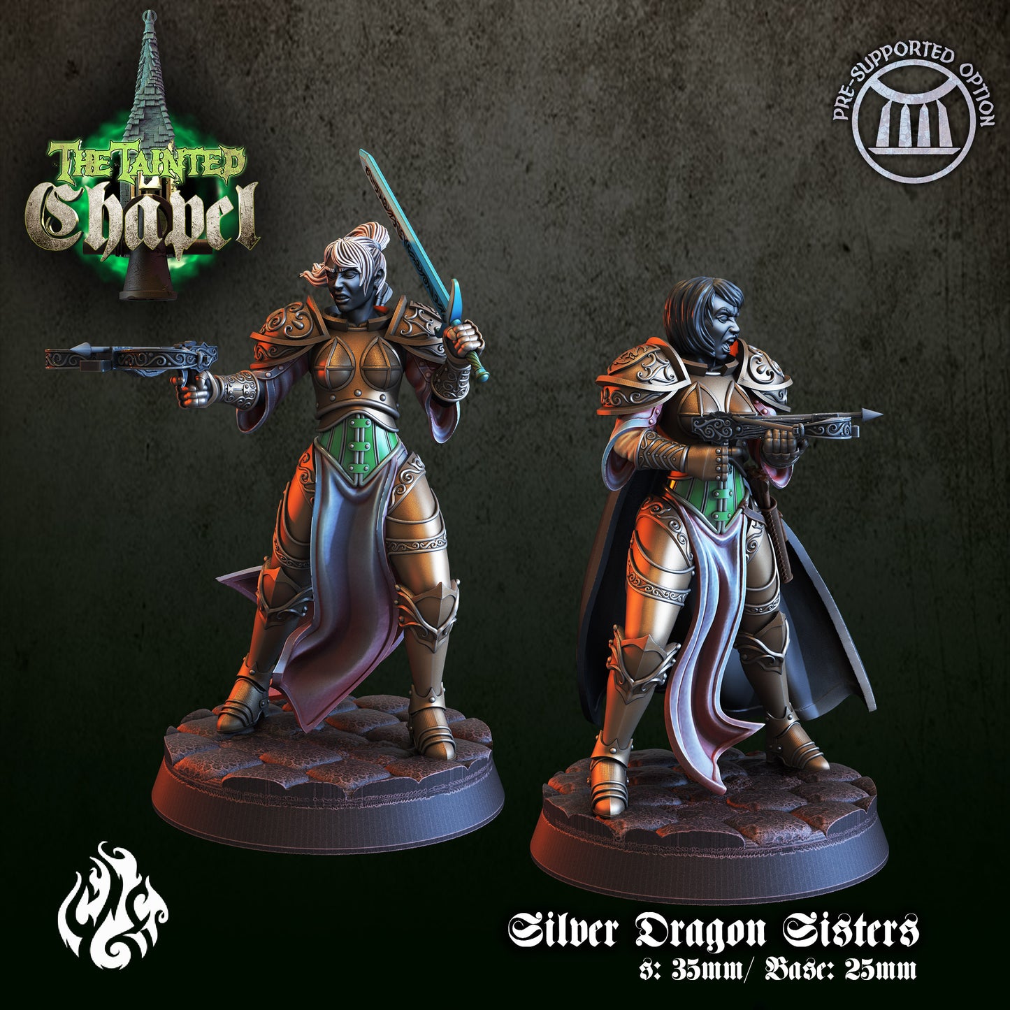 Silver Dragon Sisters - The Tainted Chapel Series from Crippled God Foundry - Table-top gaming mini and collectable for painting.