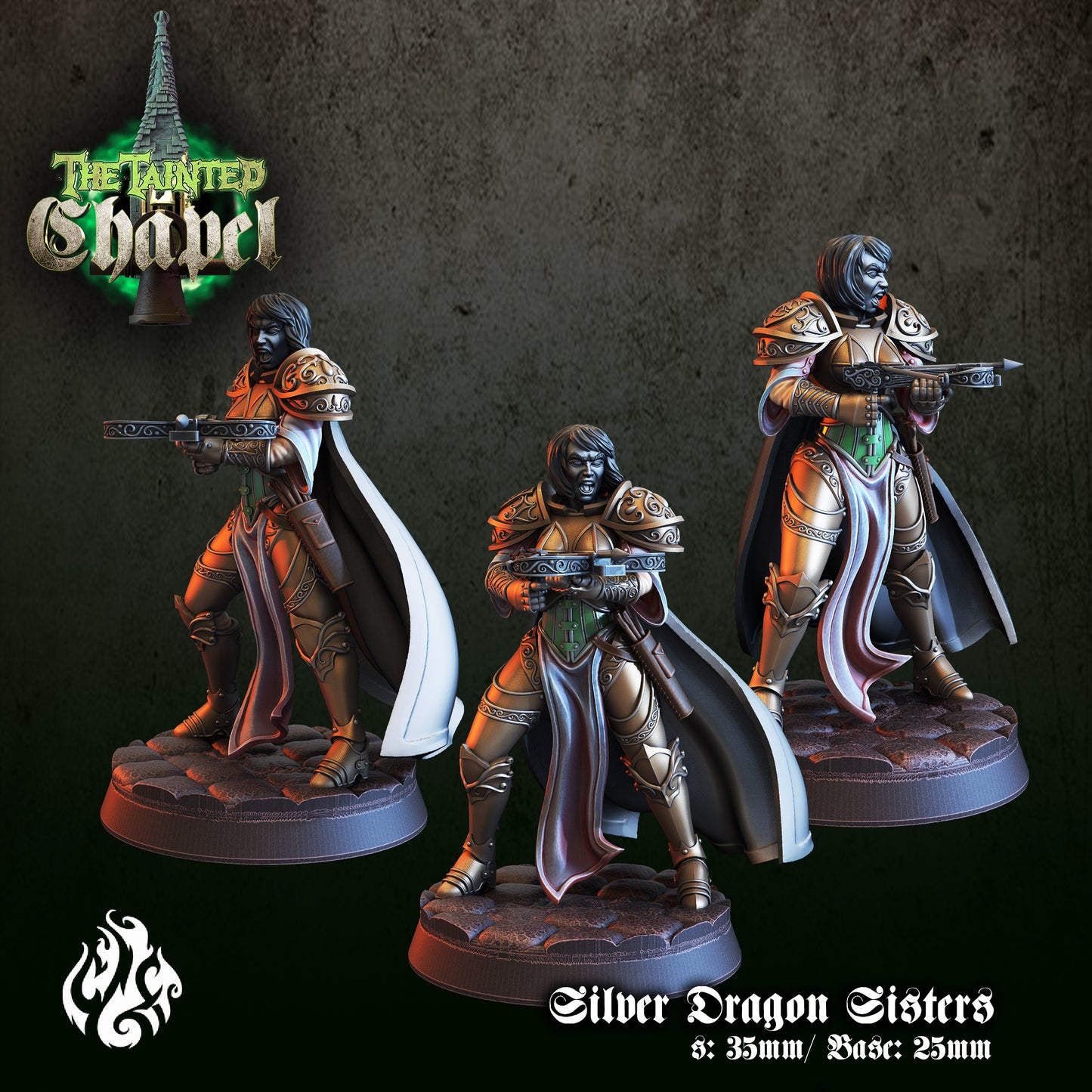Silver Dragon Sisters - The Tainted Chapel Series from Crippled God Foundry - Table-top gaming mini and collectable for painting.