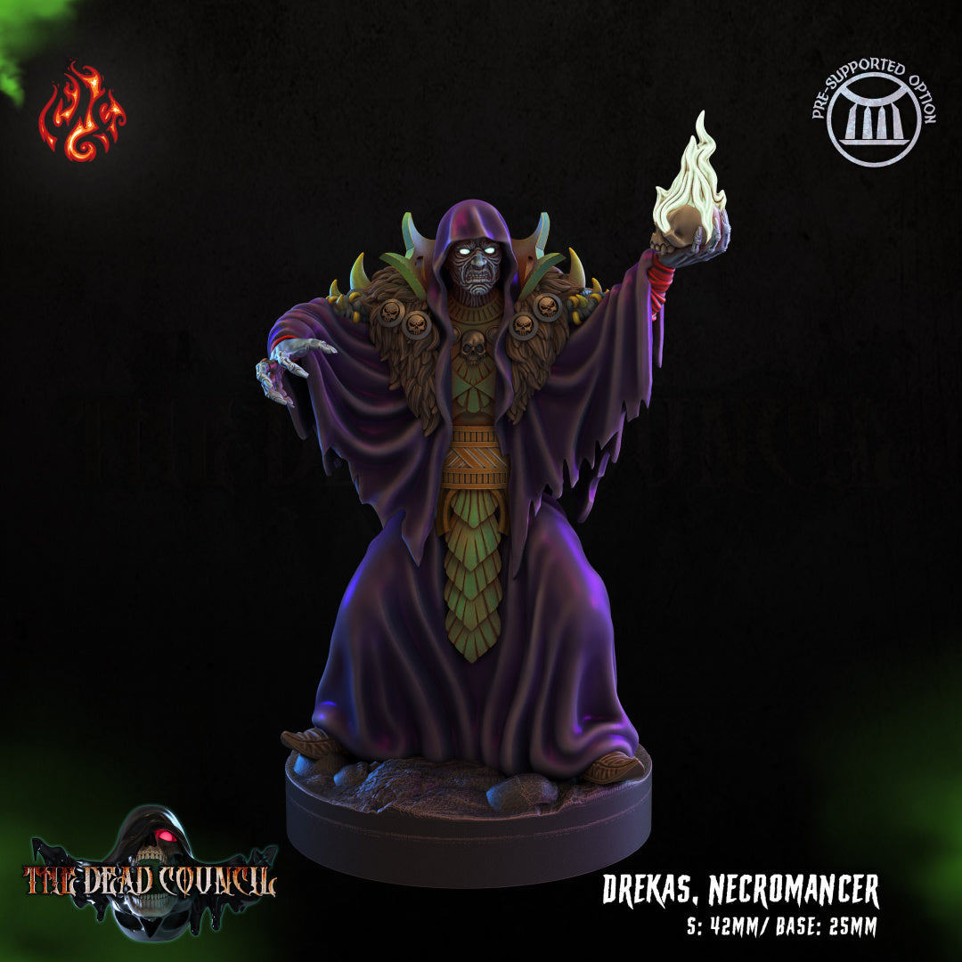 Drekas, the Necromancer The Dead Council Series from Crippled God Foundry - Table-top gaming mini and collectable for painting.