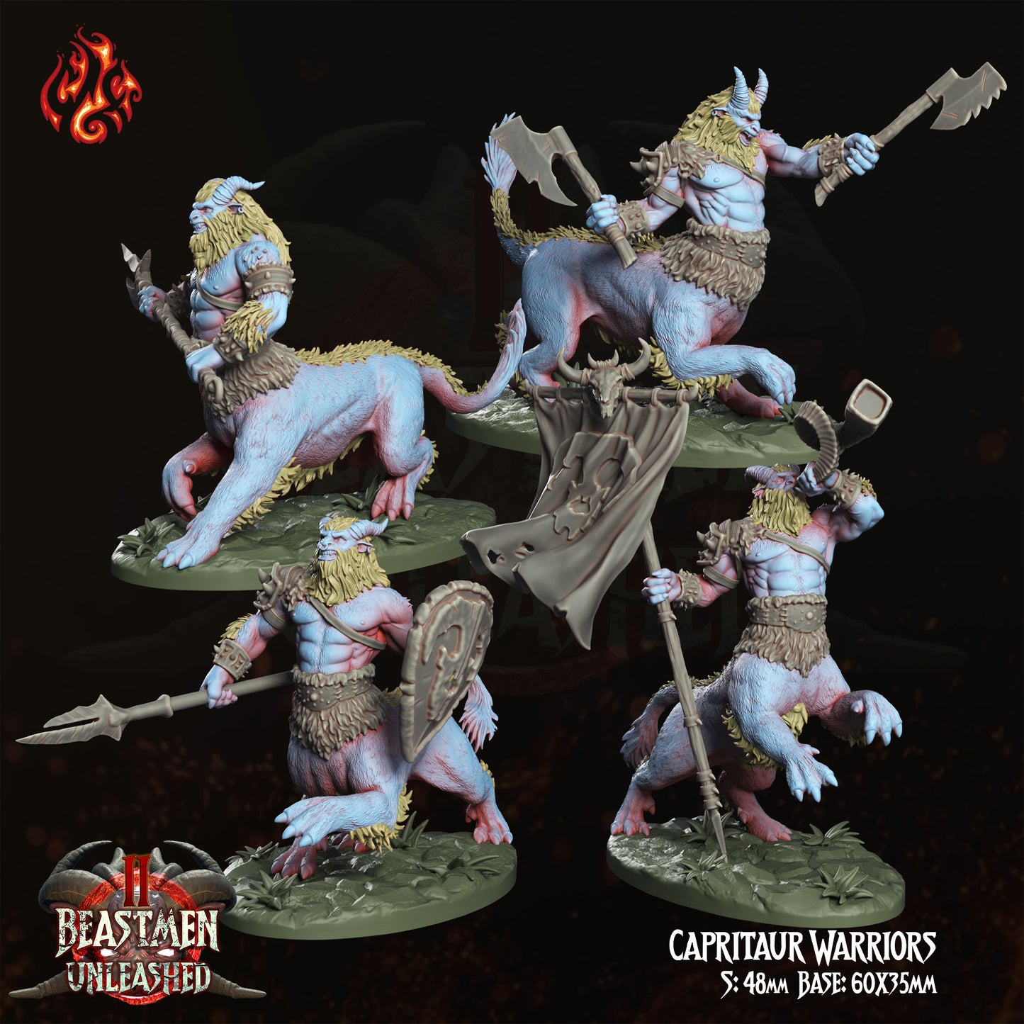 Capritaur Warriors - Beastmen Unleashed - from Crippled God Foundry - Table-top gaming mini and collectable for painting.