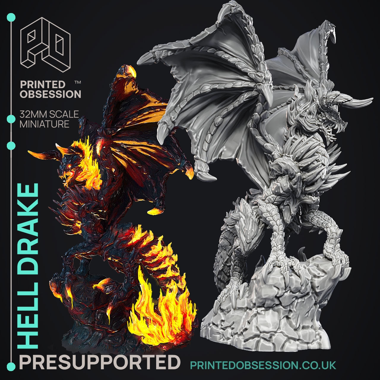 Three Dragons Hell Drake - The Printed Obsession - Table-top mini, 3D Printed Collectable for painting and playing!