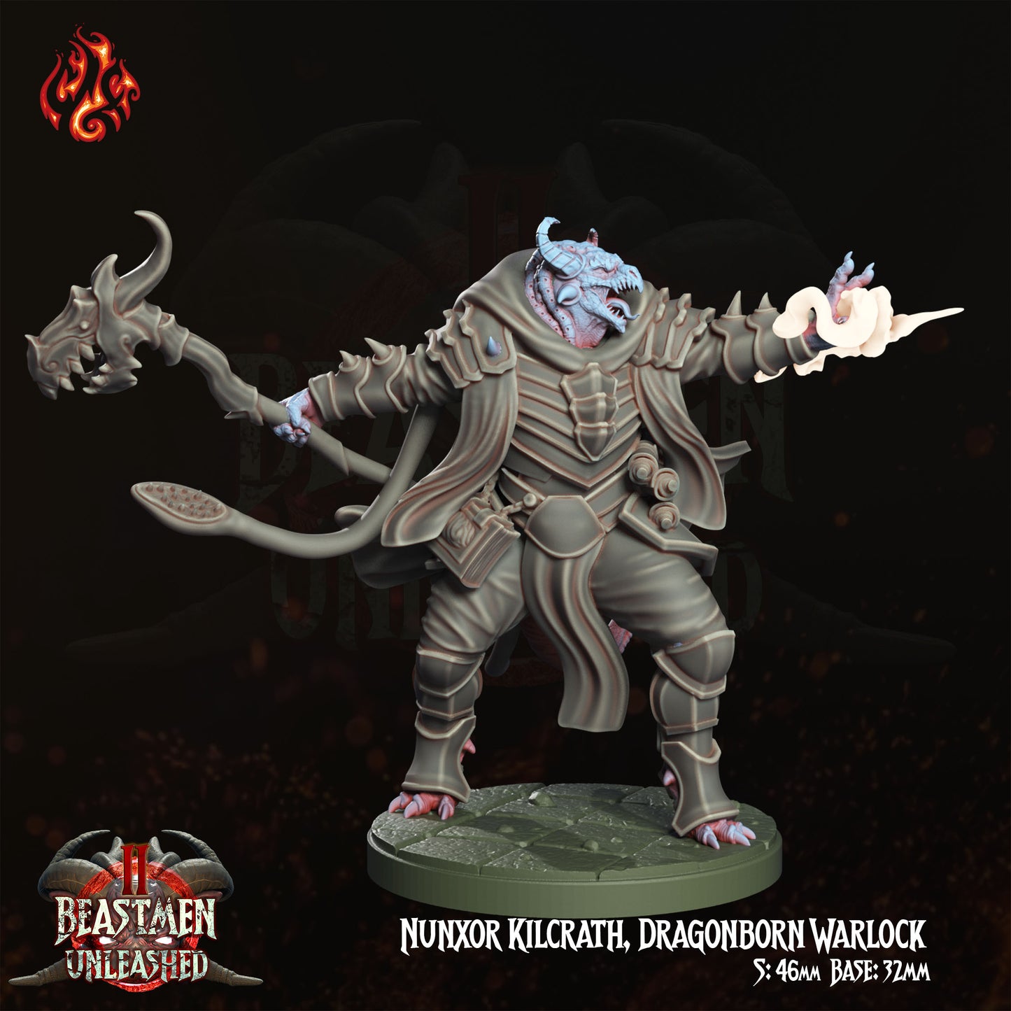 Nunxor Kilcrath, Dragonborn Warlock - Beastmen Unleashed - from Crippled God Foundry - Table-top gaming mini and collectable for painting.