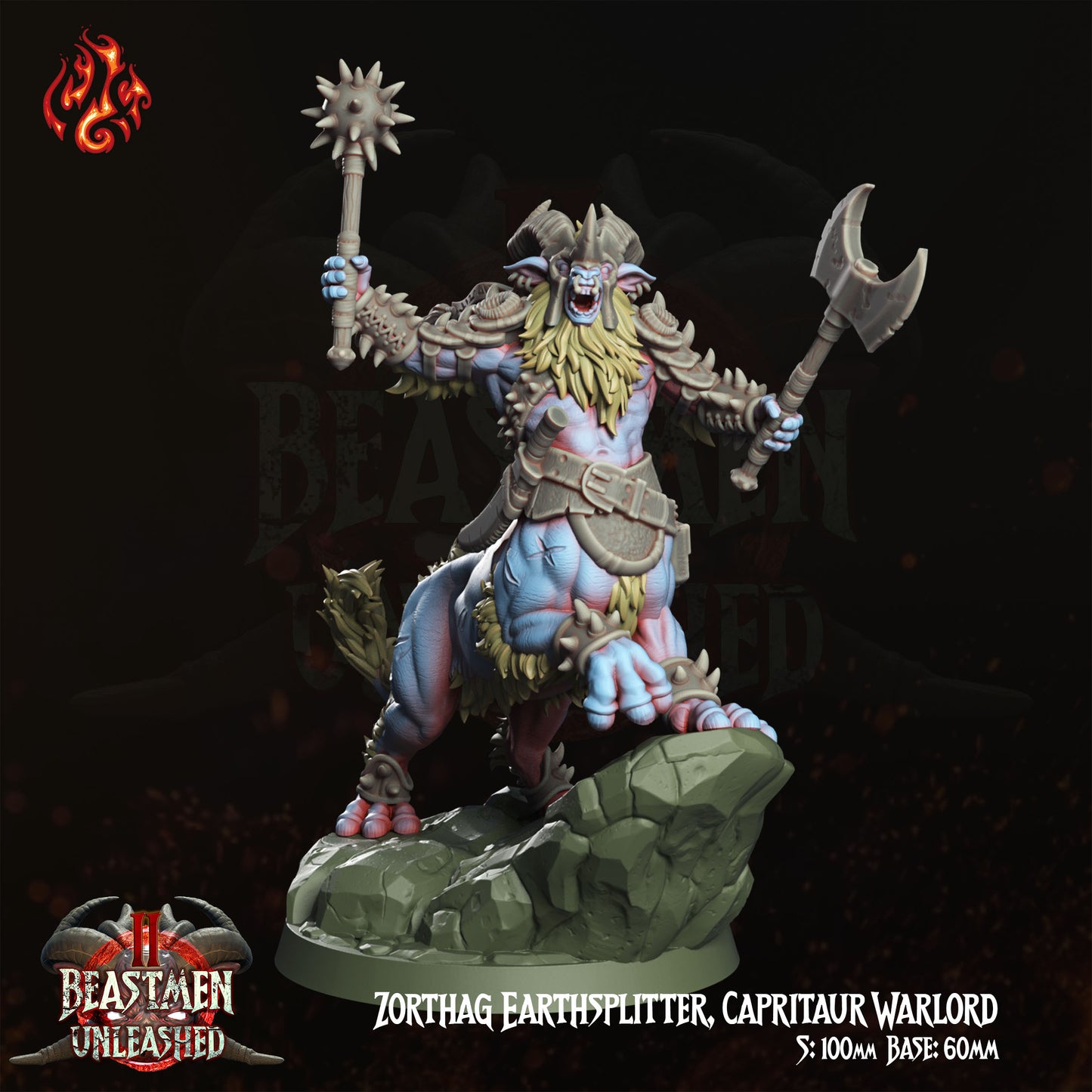 Zorthag Earthsplitter Capritaur Warlord - Beastmen Unleashed - from Crippled God Foundry - Table-top gaming mini and collectable for painting.