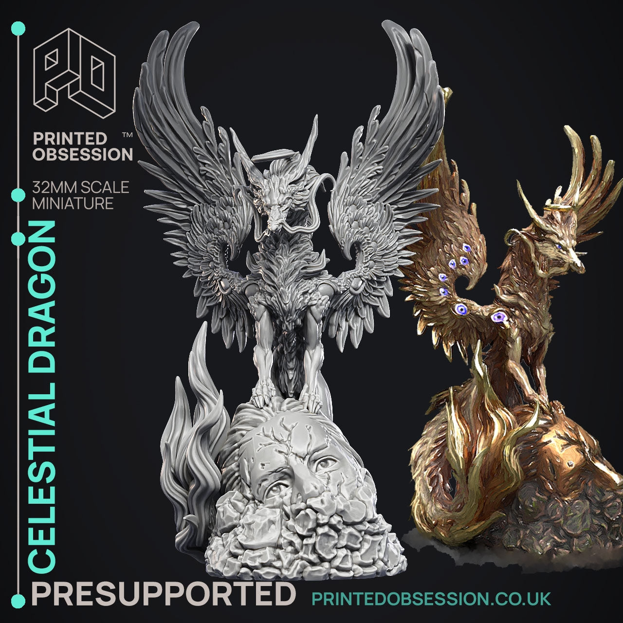 Three Dragons Celestial Dragon - The Printed Obsession - Table-top mini, 3D Printed Collectable for painting and playing!