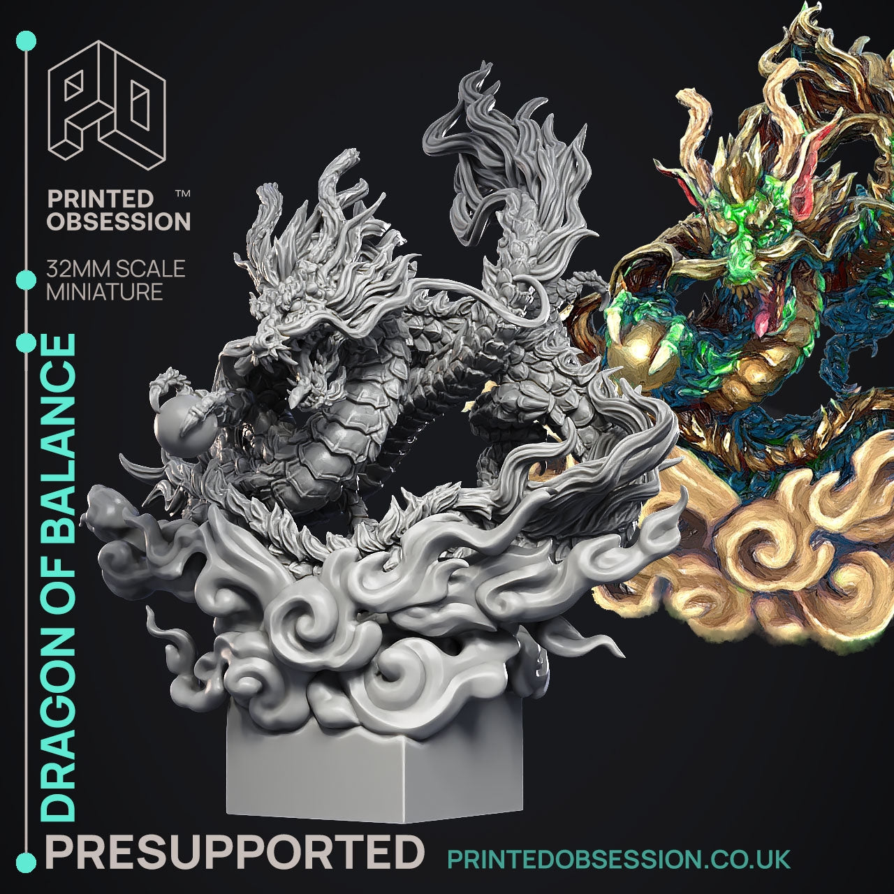 Three Dragons Dragon of Balance - The Printed Obsession - Table-top mini, 3D Printed Collectable for painting and playing!