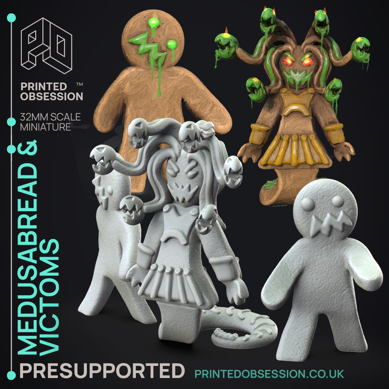 Medusabread lady and Victims - The Possessed Bakery - The Printed Obsession - Table-top mini, 3D Printed Collectable for painting and playing!