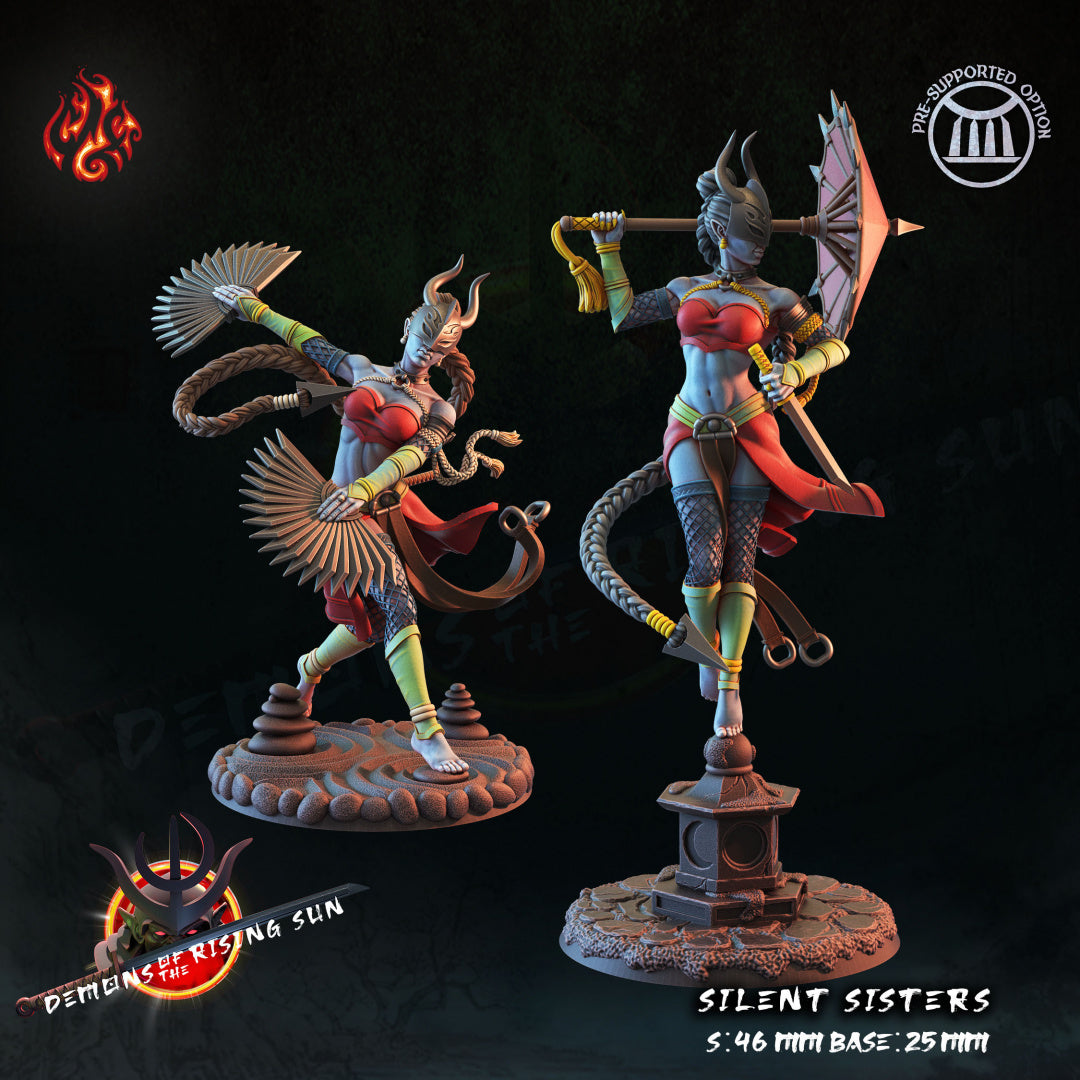 Silent Sisters set of 2 - Demons of the Rising Sun - from Crippled God Foundry - Table-top gaming mini and collectable for painting.