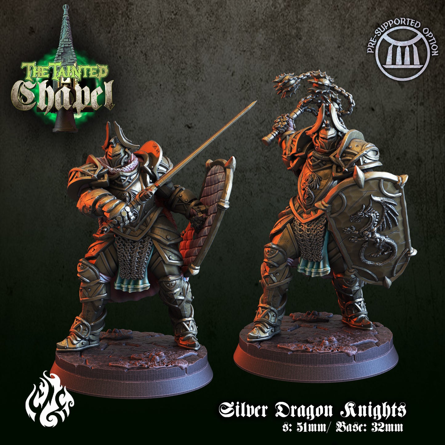 Silver Dragon Knights - The Tainted Chapel Series from Crippled God Foundry - Table-top gaming mini and collectable for painting.