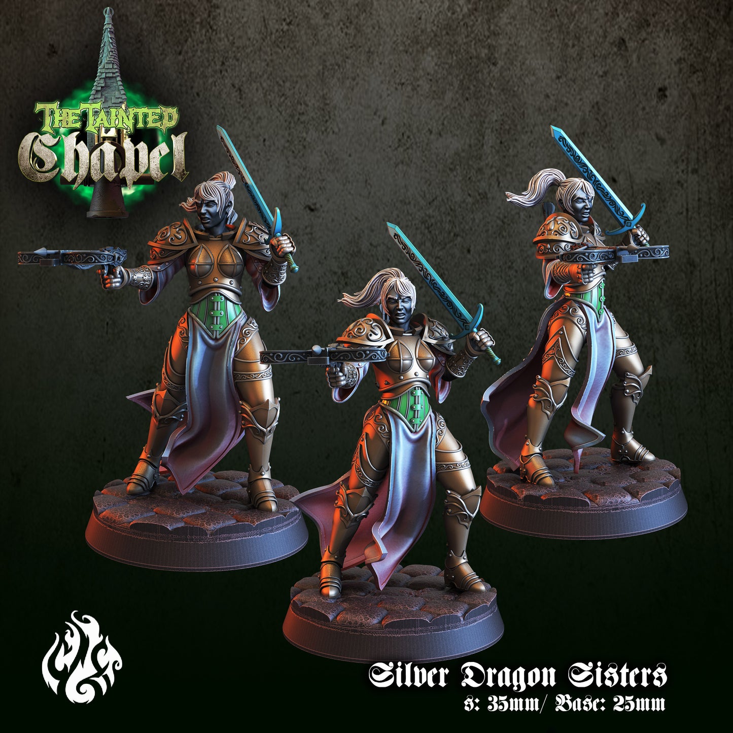 Silver Dragon Sisters - The Tainted Chapel Series from Crippled God Foundry - Table-top gaming mini and collectable for painting.