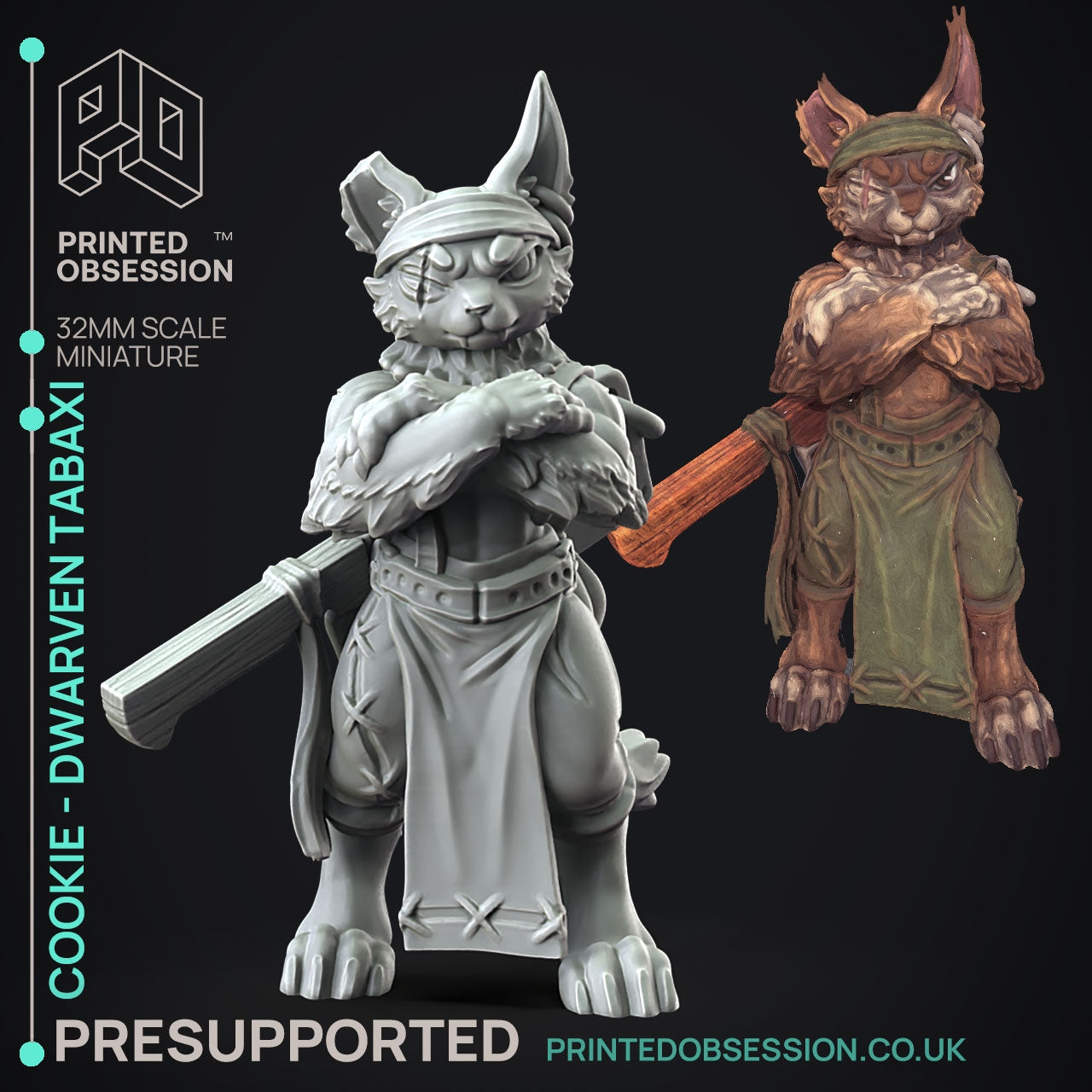 Dwarf Tabaxi Cookie - The Printed Obsession - Table-top mini, 3D Printed Collectable for painting and playing!