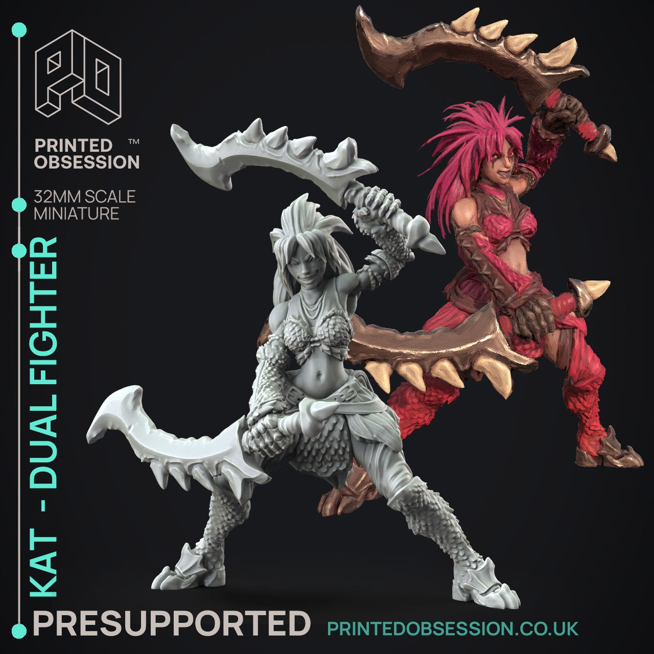 Kat Dual Fighter - The Printed Obsession - Table-top mini, 3D Printed Collectable for painting and playing!